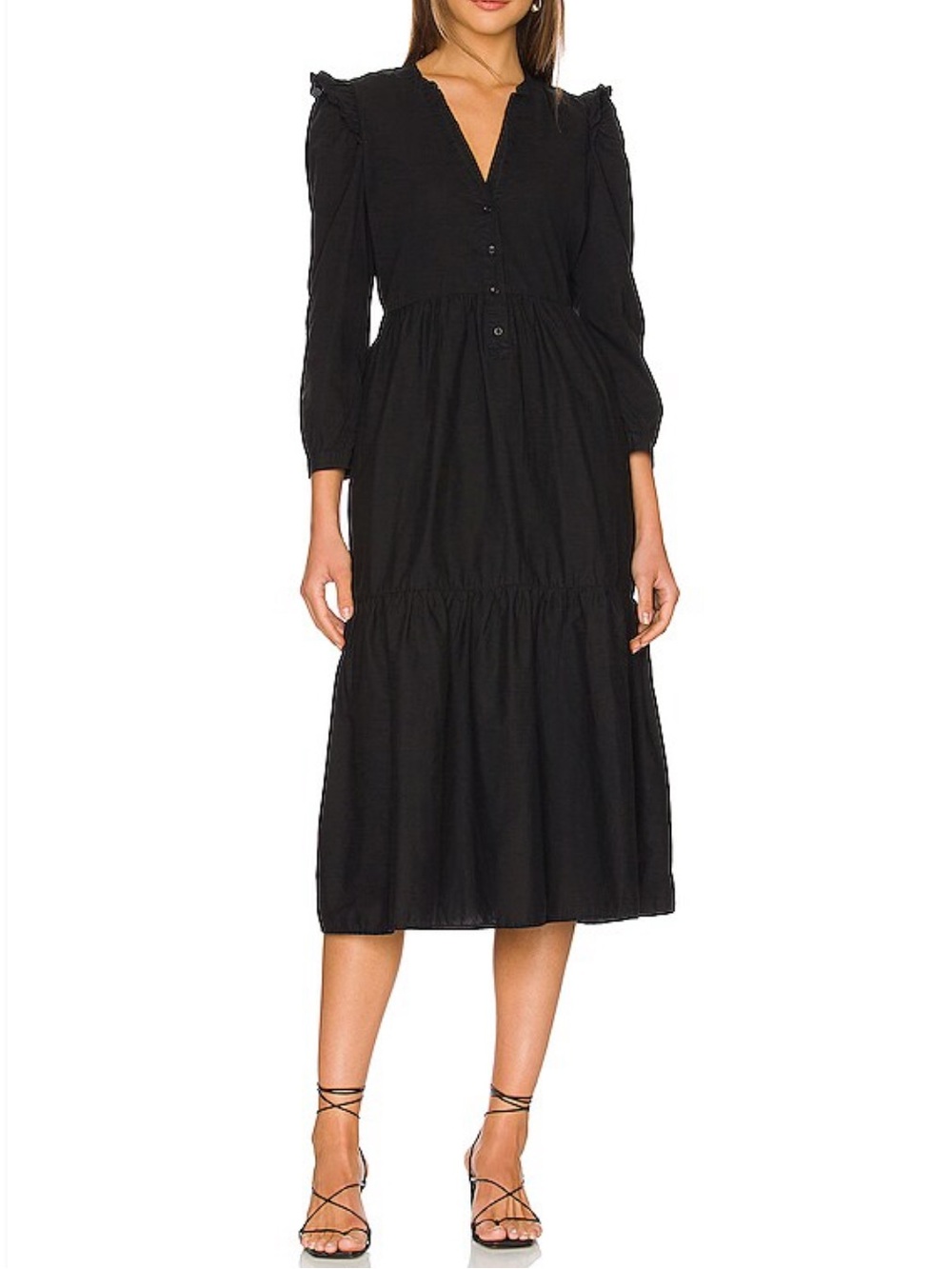 Nation LTD Dalia Victorian Midi Dress in Jet Black Tiered Ruffle Minimalist-XL
